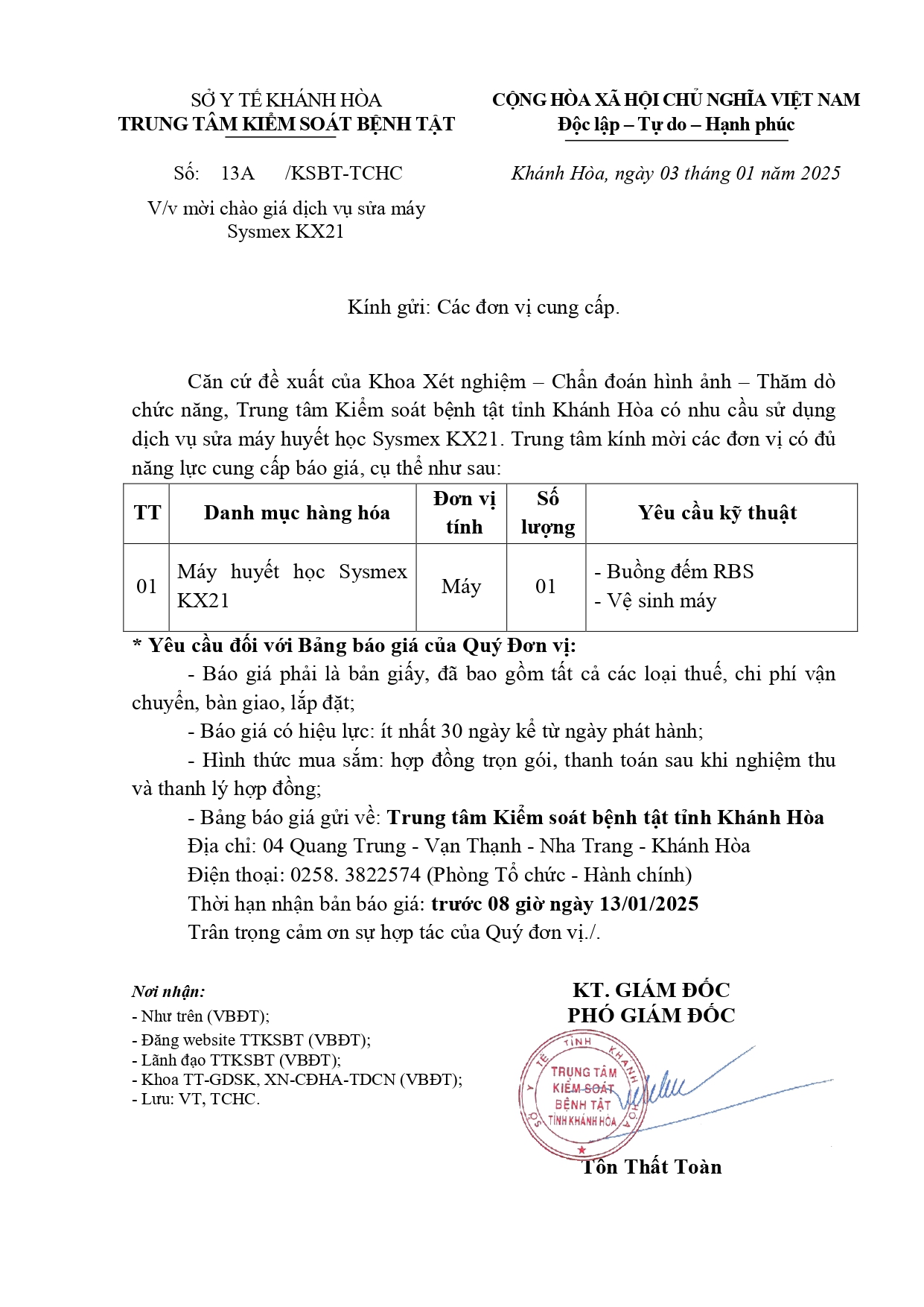 V/v mời chào giá dịch vụ sửa máy Sysmex KX21